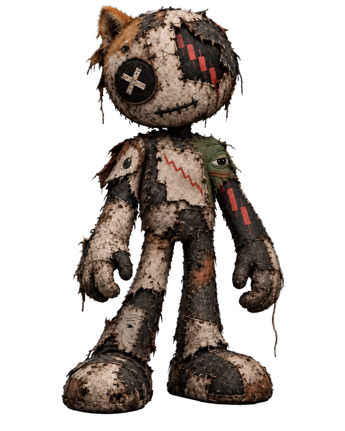 PATCHED, a stitched market survivor with a crossed eye and red candlestick eye