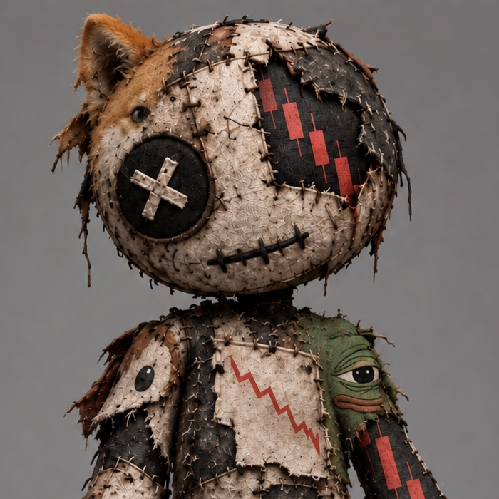 Close-up of PATCHED's stitched face, crossed eye and red candlestick eye
